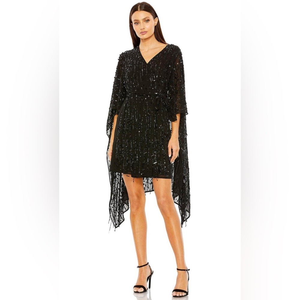 🖤MAC DUGGAL 94044 Beaded Cape Sleeve Dress: Black Sequin Mini❤️‍🔥SOLD OUT ONLINE